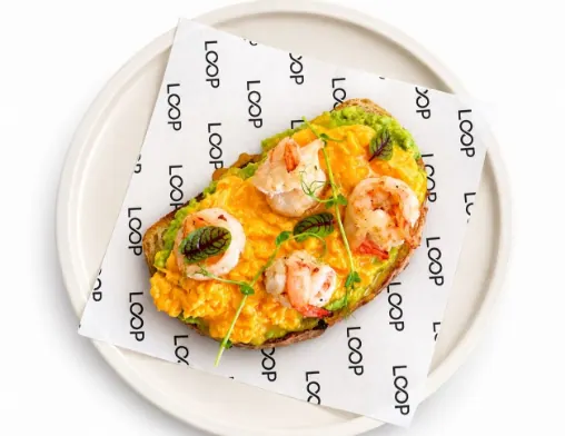 Shrimp Scramble Avocado Toast at LOOP Café Pererenan